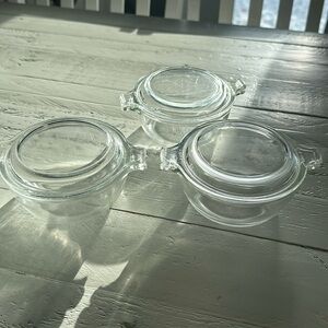 VTG 50s Pyrex Mini casserole dishes, 4” with lids 018 clear six piece Pyrex